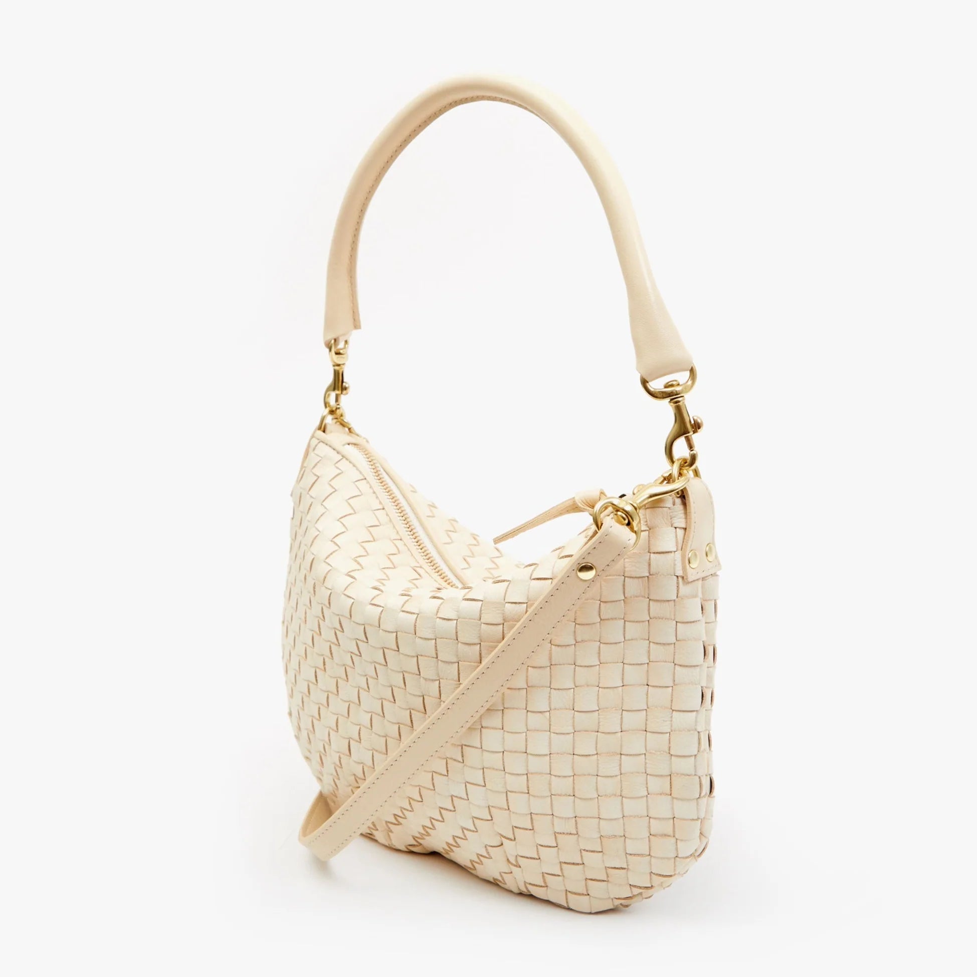 Small-to-medium woven checkerboard-style messenger bag in beige
