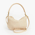 Small-to-medium woven checkerboard-style messenger bag in beige