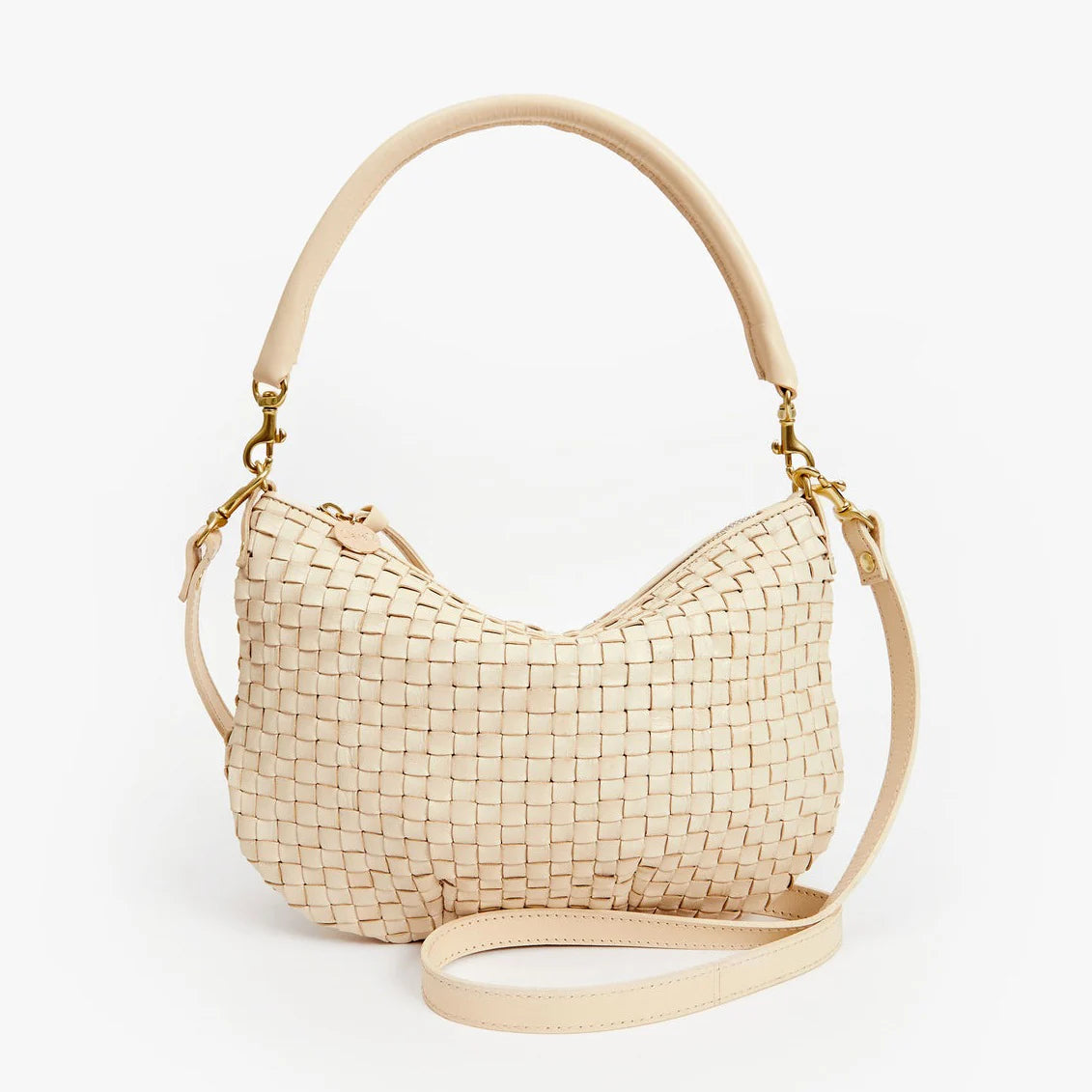 Small-to-medium woven checkerboard-style messenger bag in beige