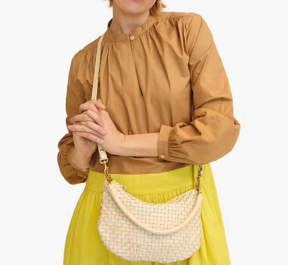 Small-to-medium woven checkerboard-style messenger bag in beige